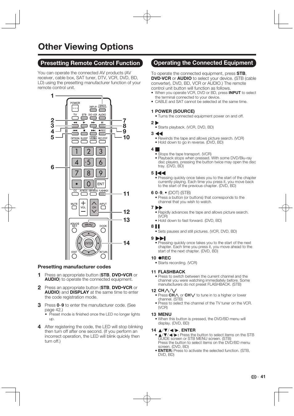 Other viewing options, Presetting remote control function, Operating the connected equipment | Sharp AQUOS 10P03-MX-NM User Manual | Page 43 / 72