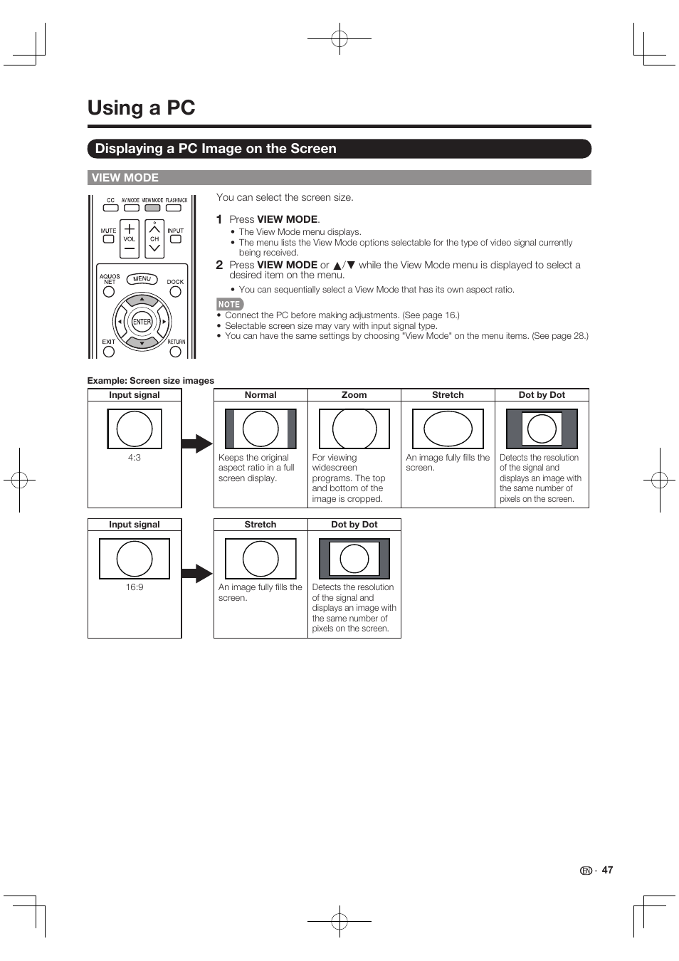 Using a pc, Displaying a pc image on the screen | Sharp AQUOS 10P03-MX-NM User Manual | Page 49 / 72