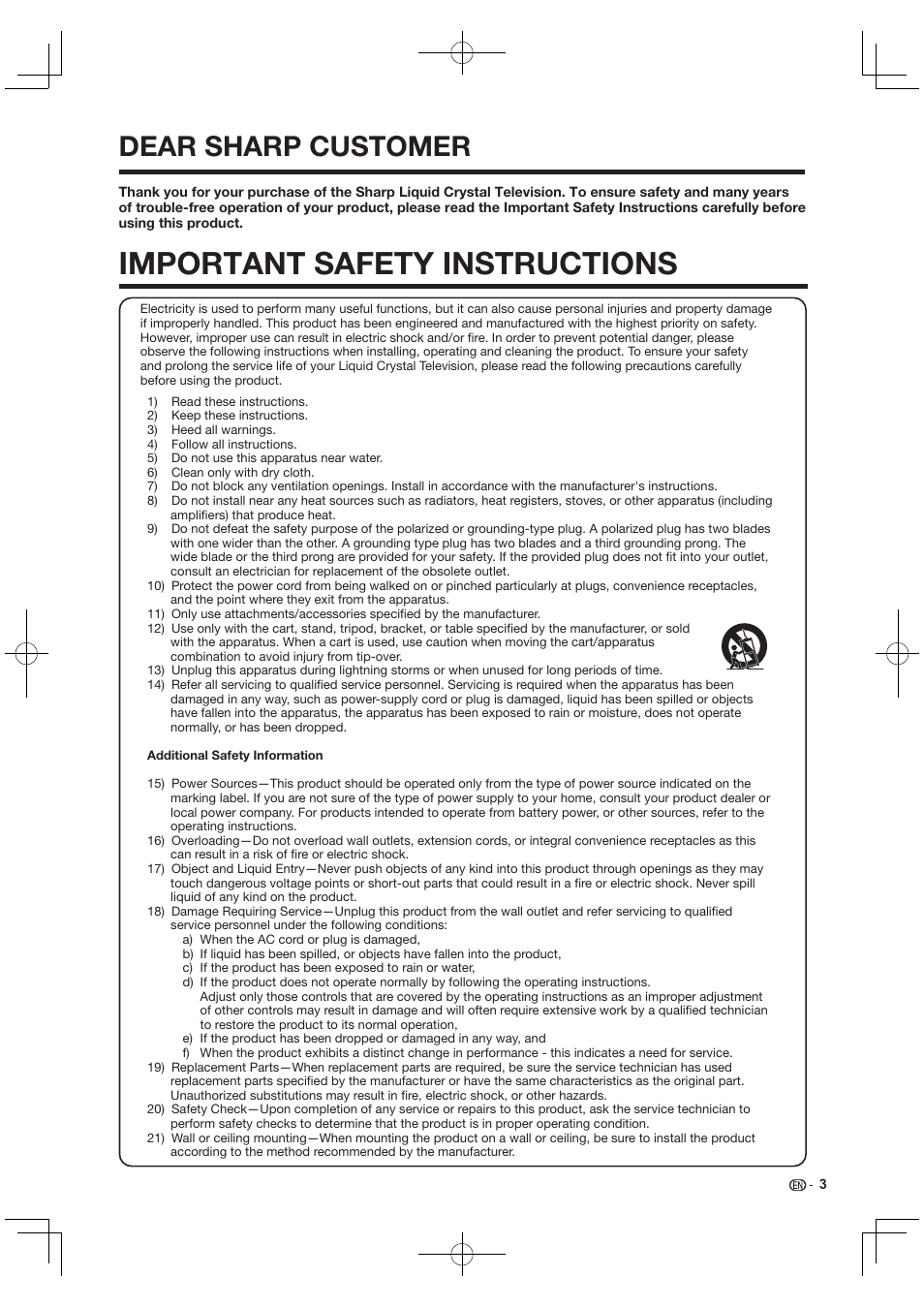 Dear sharp customer, Important safety instructions | Sharp AQUOS 10P03-MX-NM User Manual | Page 5 / 72