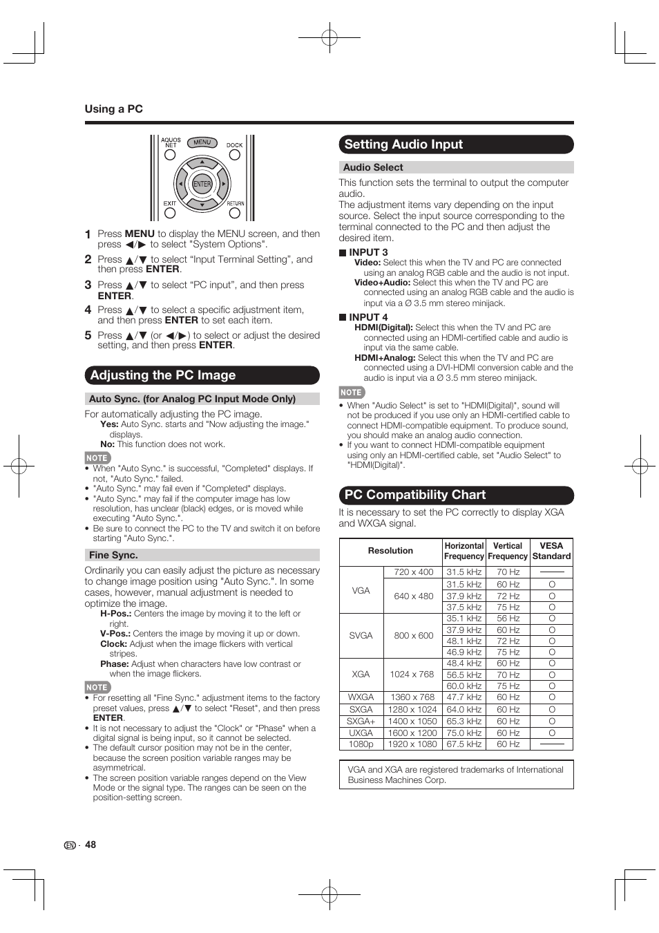 Adjusting the pc image, Setting audio input, Pc compatibility chart | Sharp AQUOS 10P03-MX-NM User Manual | Page 50 / 72