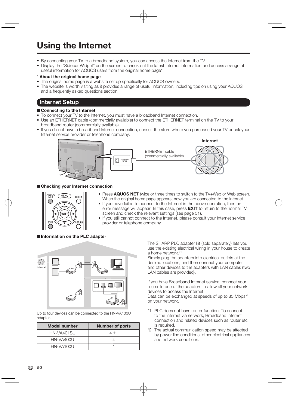 Using the internet, Internet setup | Sharp AQUOS 10P03-MX-NM User Manual | Page 52 / 72