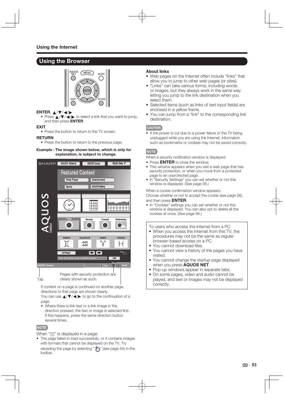 Using the browser, Fea eat ured c ured content, Using the internet | Sharp AQUOS 10P03-MX-NM User Manual | Page 55 / 72