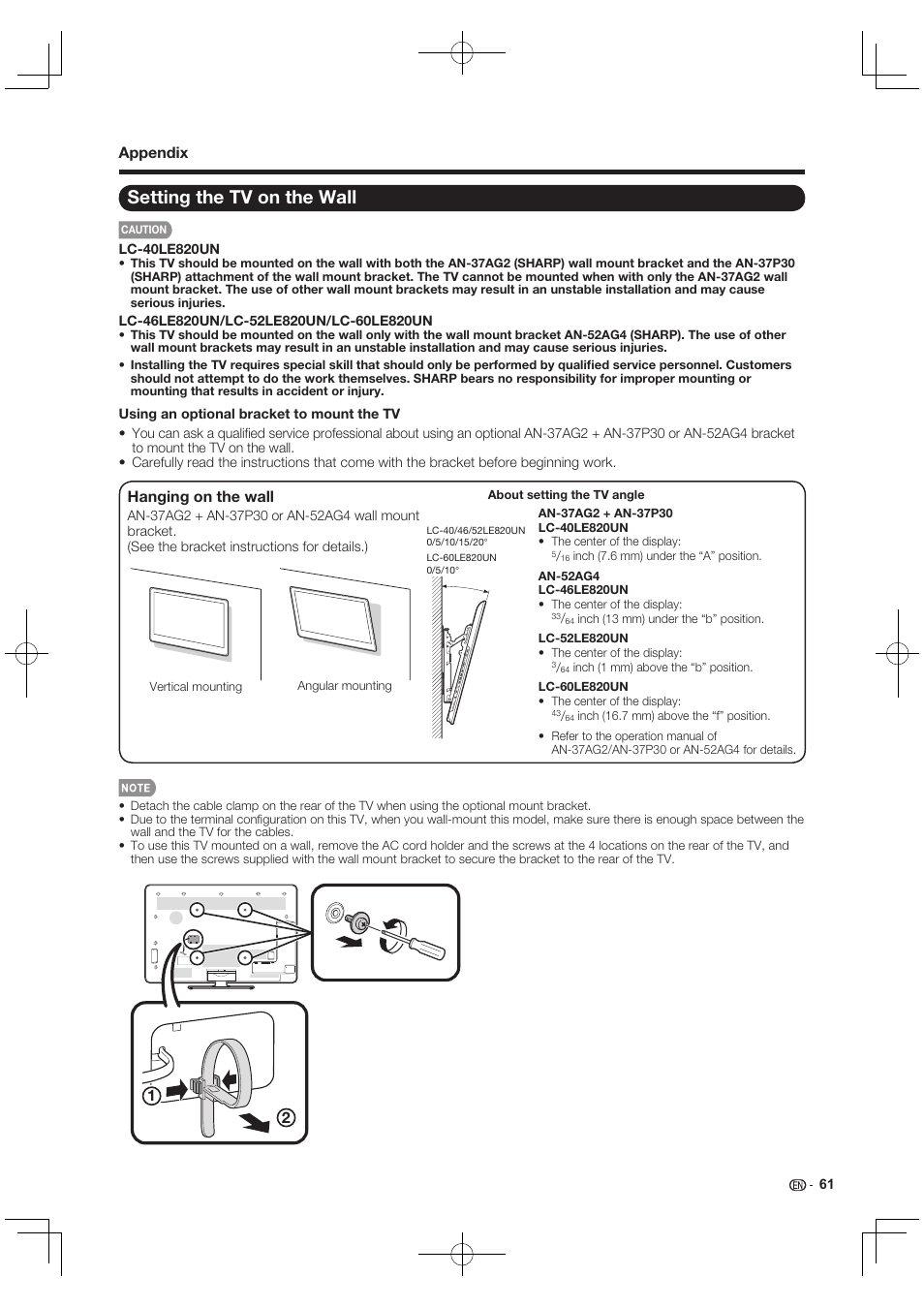 Setting the tv on the wall, Hanging on the wall, Appendix | Sharp AQUOS 10P03-MX-NM User Manual | Page 63 / 72