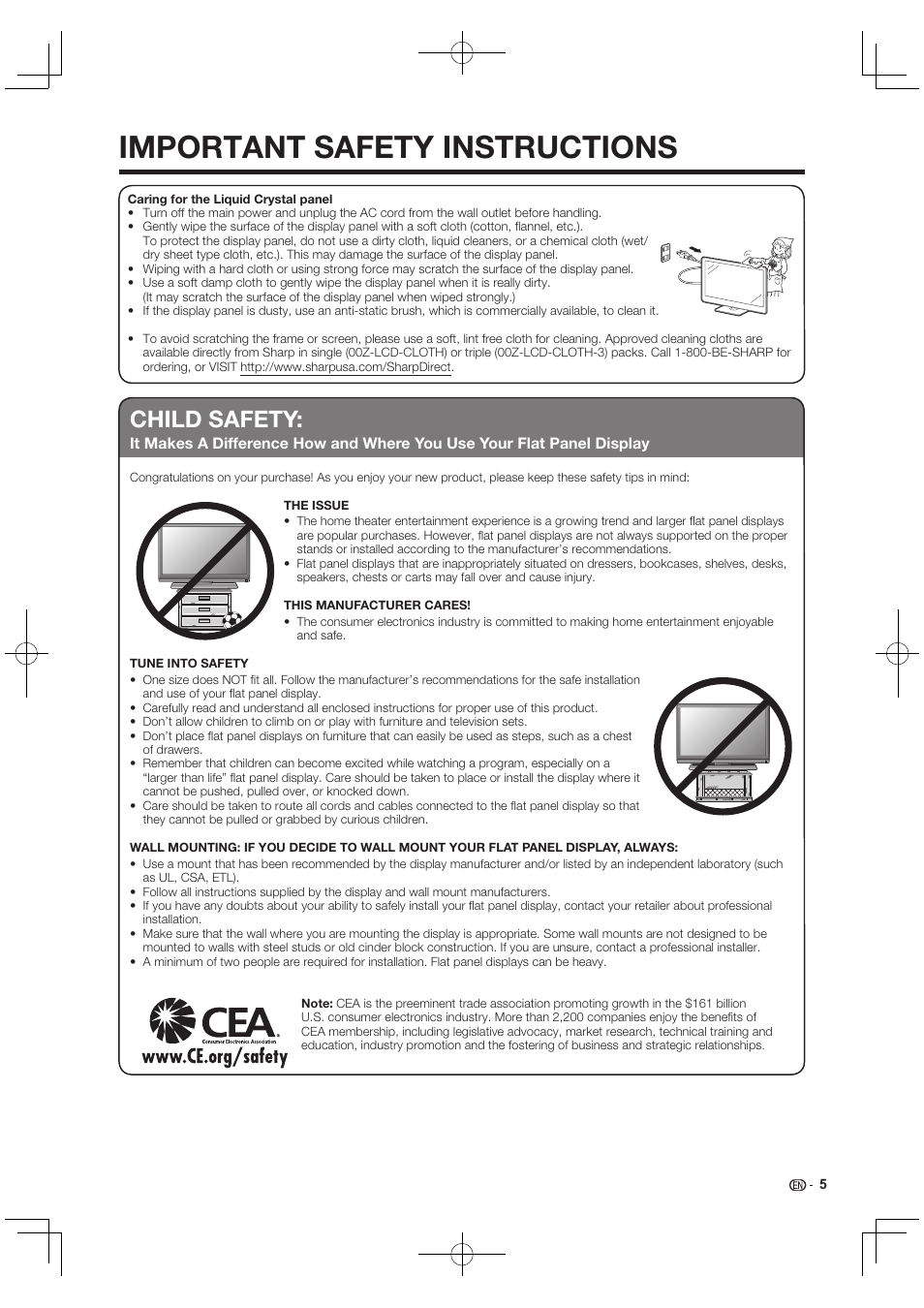 Important safety instructions, Child safety | Sharp AQUOS 10P03-MX-NM User Manual | Page 7 / 72