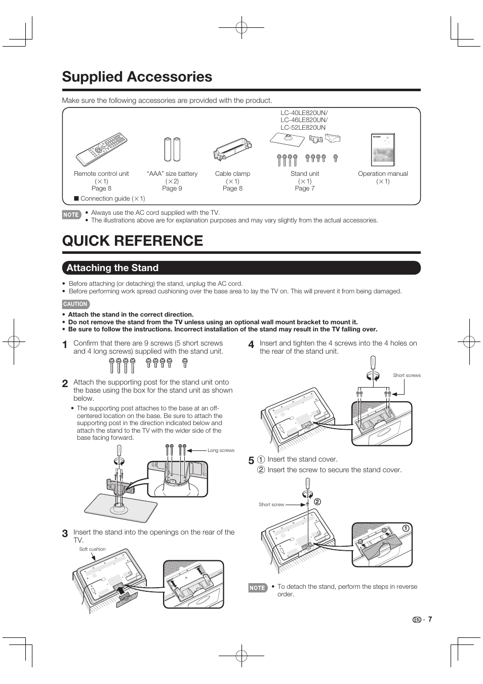 Supplied accessories, Quick reference, Attaching the stand | Sharp AQUOS 10P03-MX-NM User Manual | Page 9 / 72