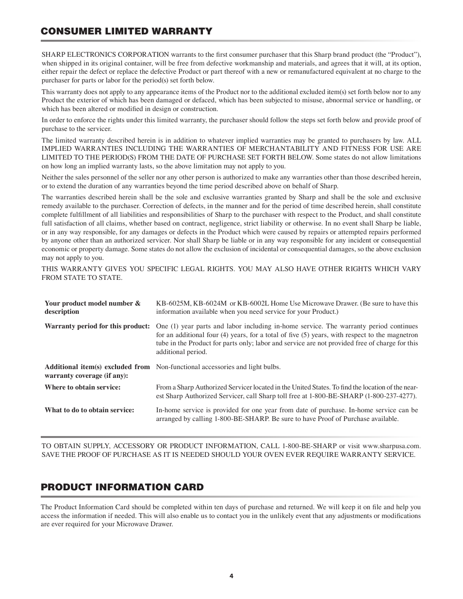 Consumer limited warranty, Product information card | Sharp KB-6025M User Manual | Page 4 / 24