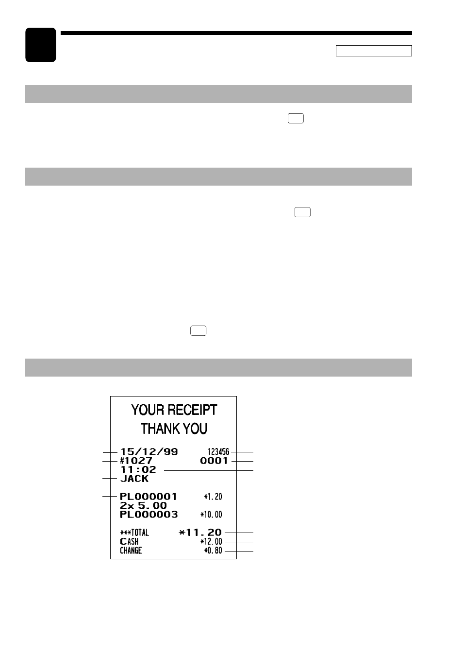 Prior to entries, Preparations for entries, Error warning | Sample receipt | Sharp UP-3300 User Manual | Page 23 / 249