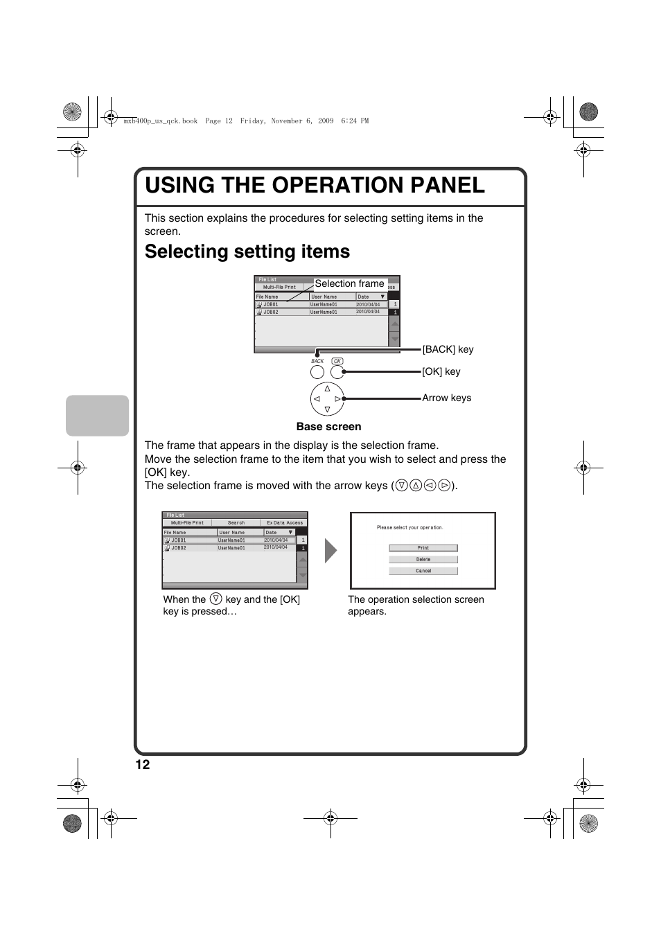 Using the operation panel, Selecting setting items | Sharp MX-B400P User Manual | Page 14 / 52