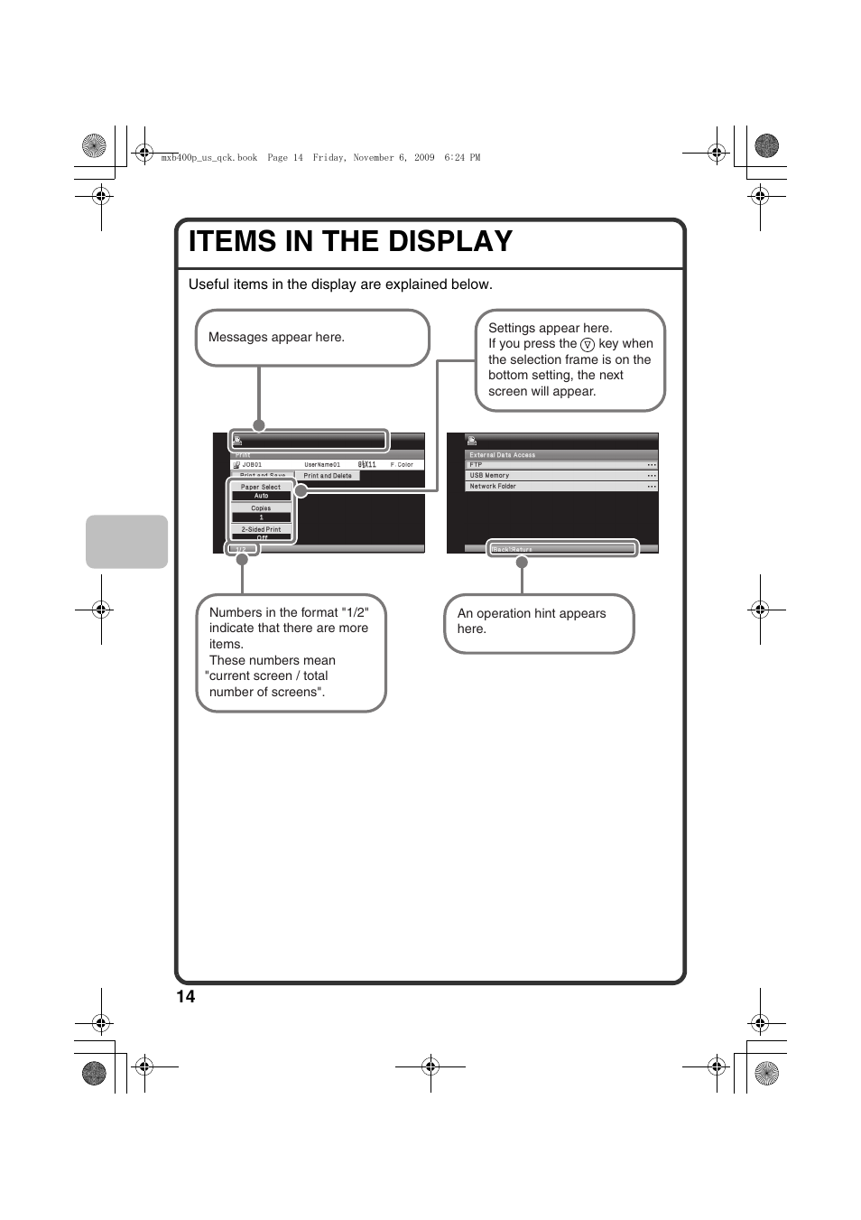 Items in the display | Sharp MX-B400P User Manual | Page 16 / 52