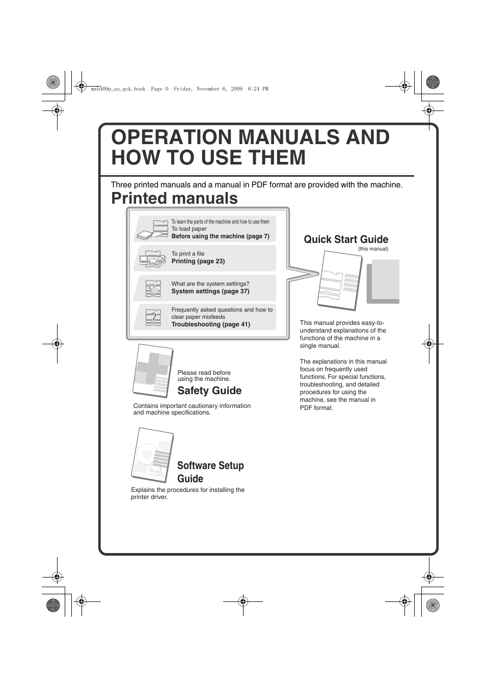 Operation manuals and how to use them, Printed manuals, Quick start guide | Software setup guide, Safety guide | Sharp MX-B400P User Manual | Page 2 / 52