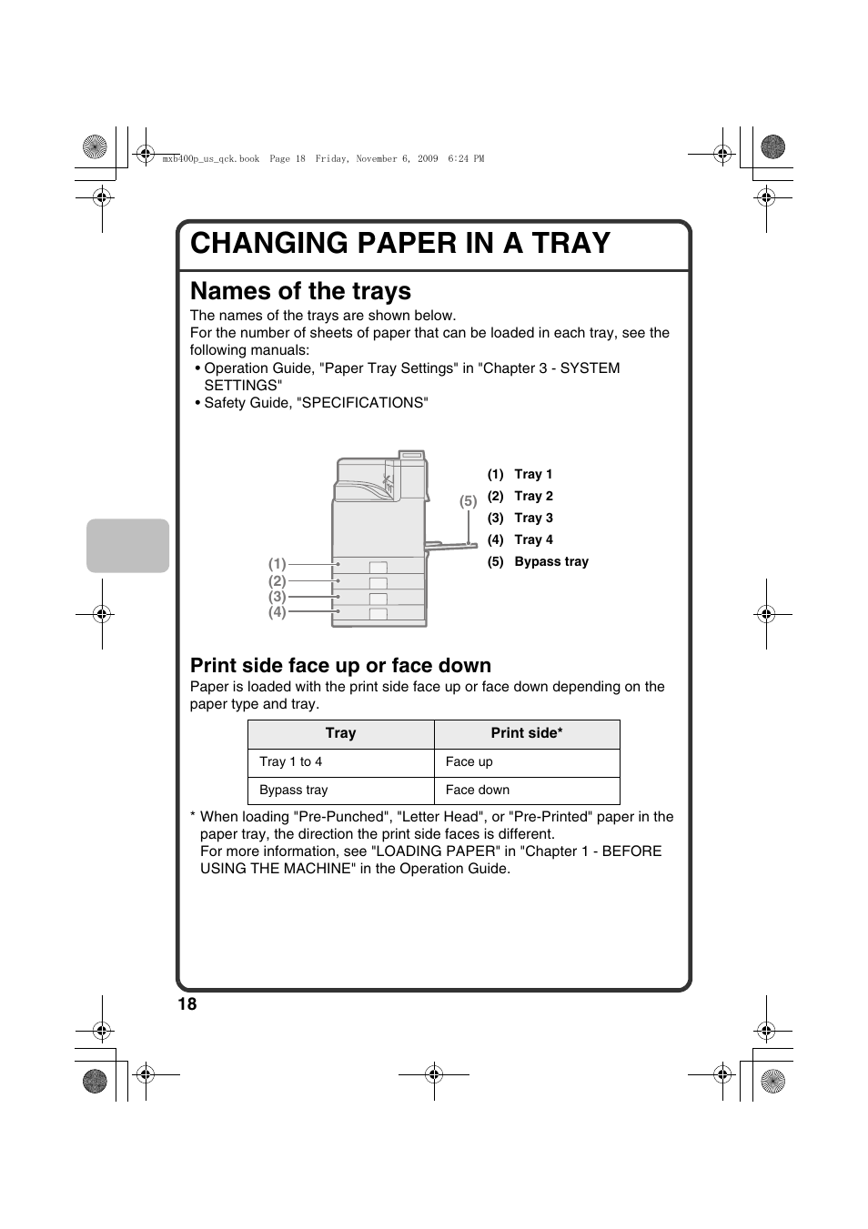 Changing paper in a tray, Names of the trays, Print side face up or face down | Sharp MX-B400P User Manual | Page 20 / 52
