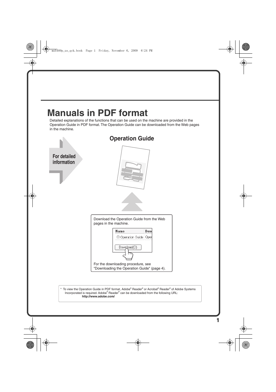 Manuals in pdf format, Operation guide, For detailed information | Sharp MX-B400P User Manual | Page 3 / 52