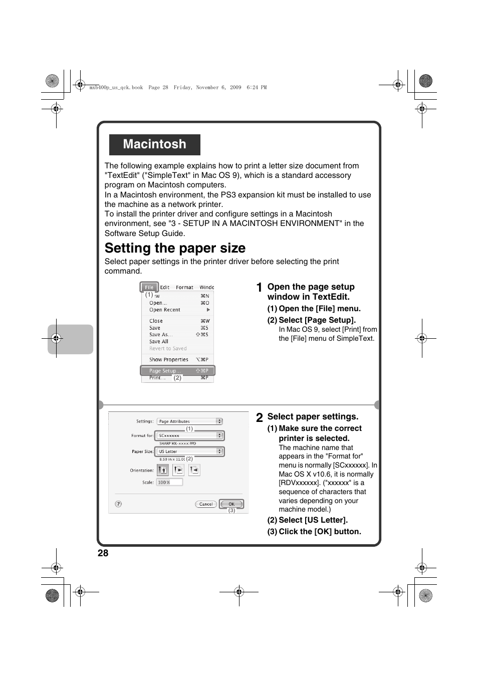 Setting the paper size, Macintosh 1 | Sharp MX-B400P User Manual | Page 30 / 52