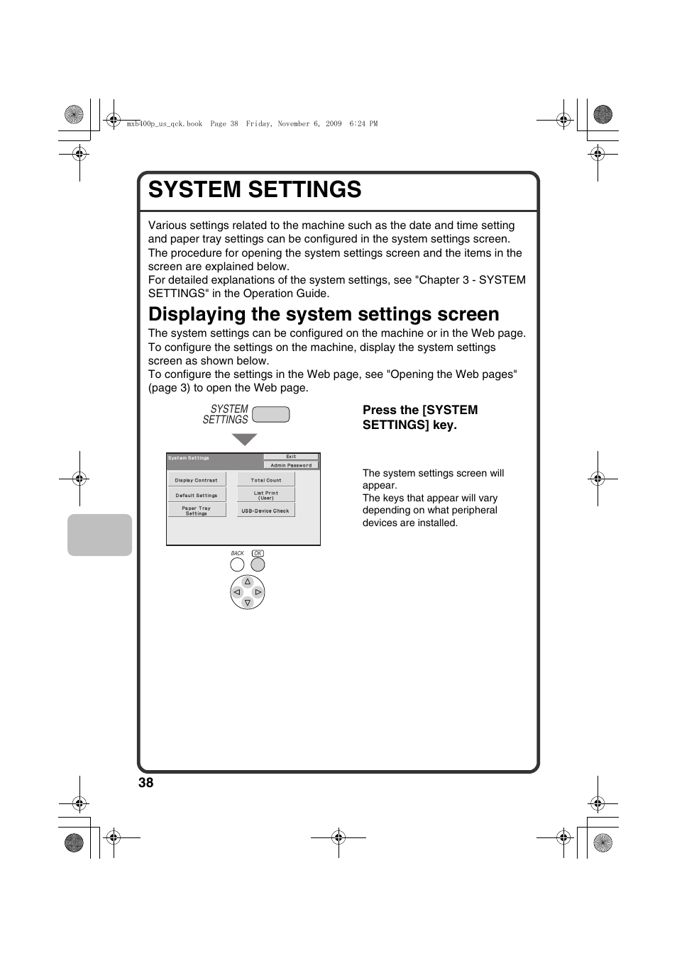 System settings, Displaying the system settings screen | Sharp MX-B400P User Manual | Page 40 / 52
