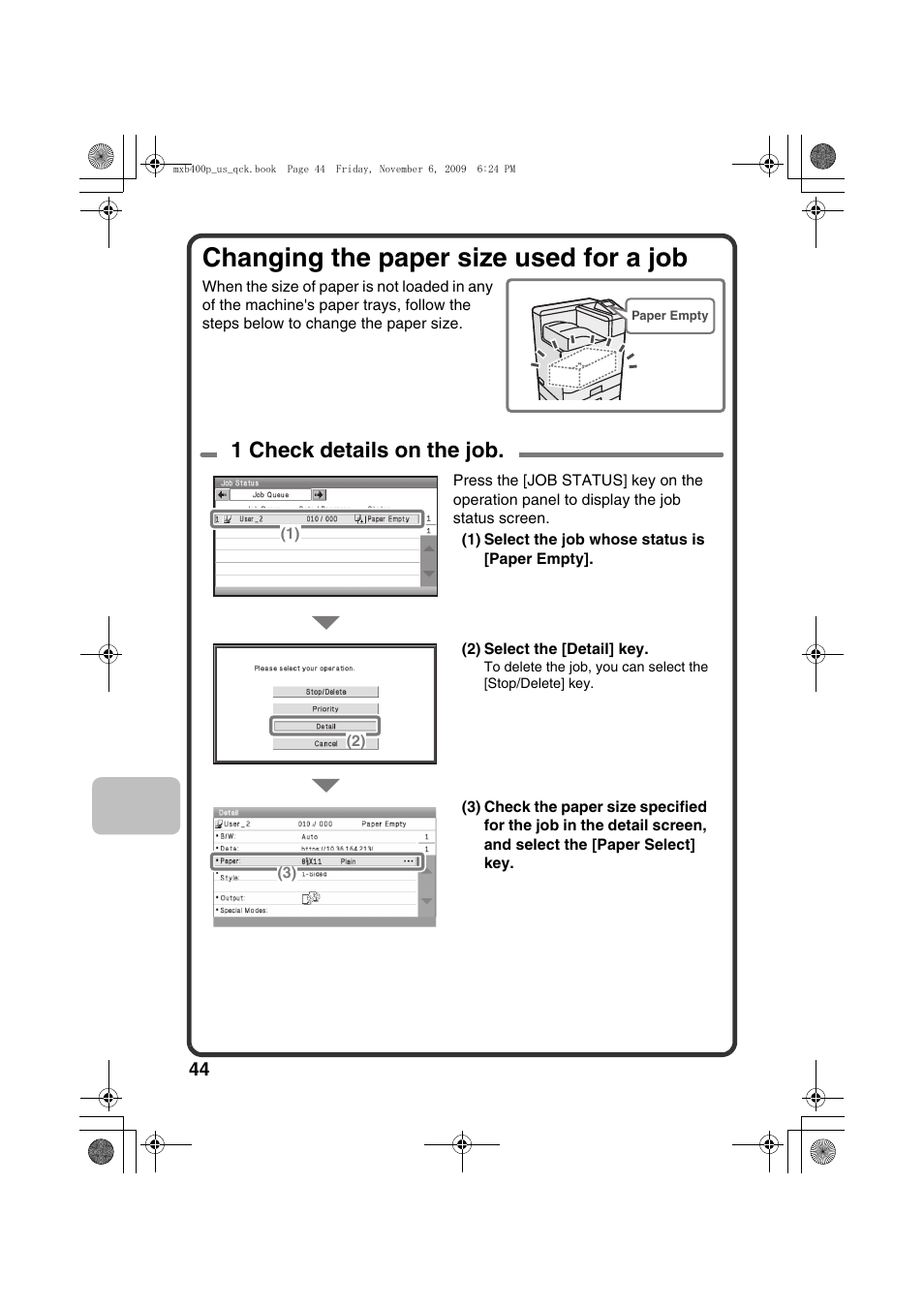 Changing the paper size used for a job, 1 check details on the job | Sharp MX-B400P User Manual | Page 46 / 52