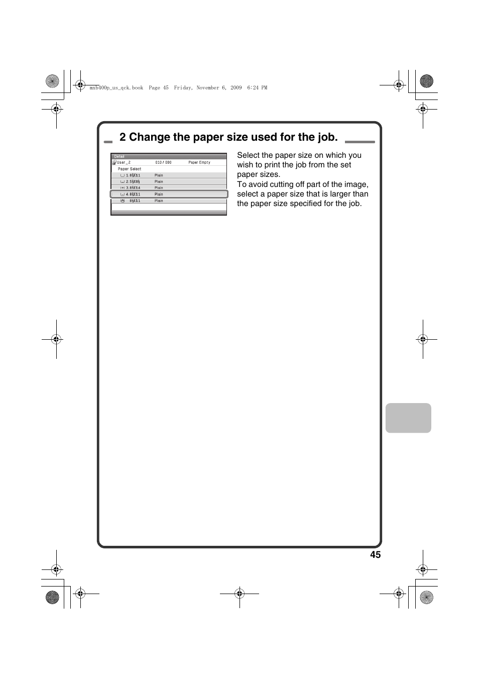 2 change the paper size used for the job | Sharp MX-B400P User Manual | Page 47 / 52