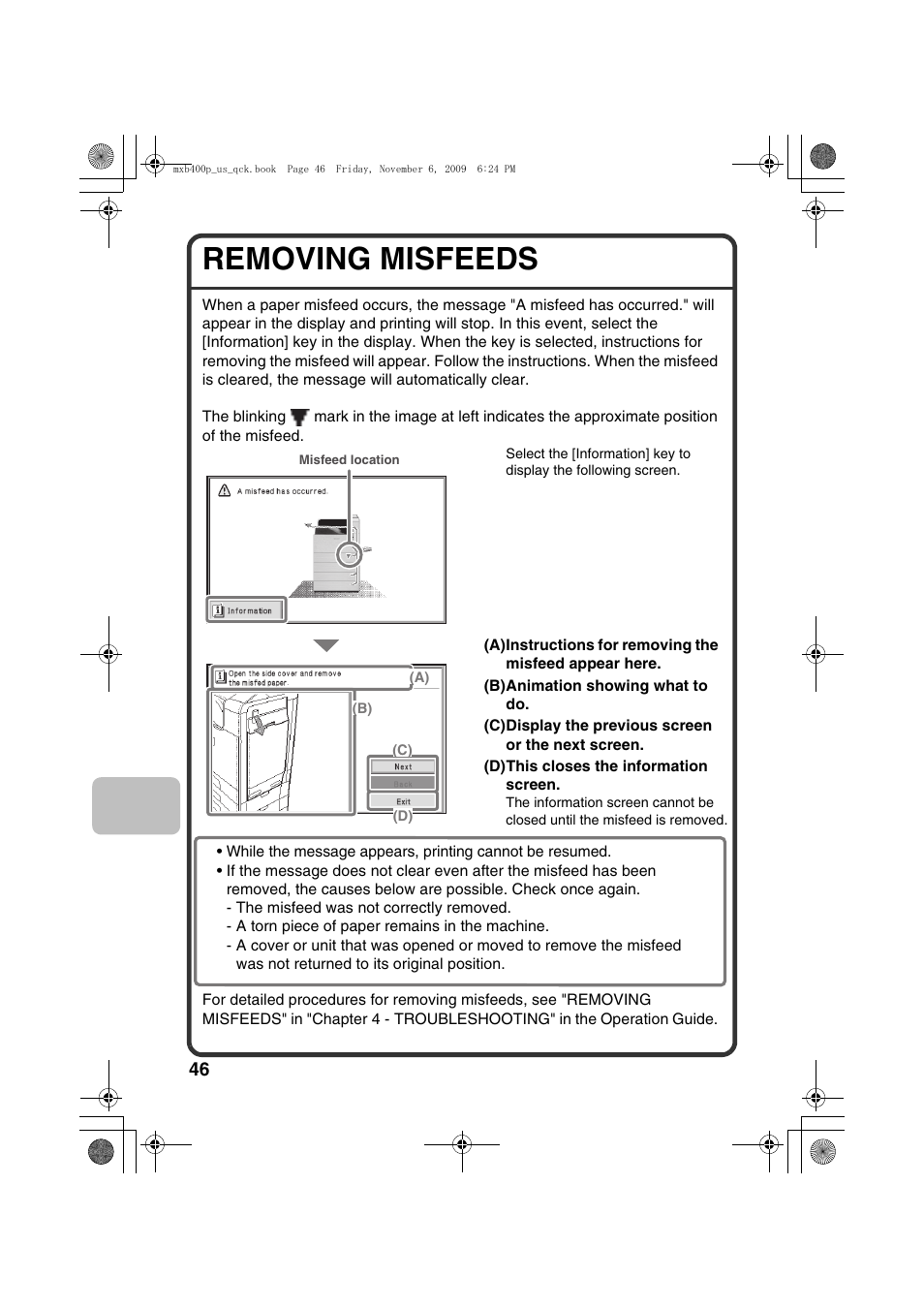 Removing misfeeds | Sharp MX-B400P User Manual | Page 48 / 52