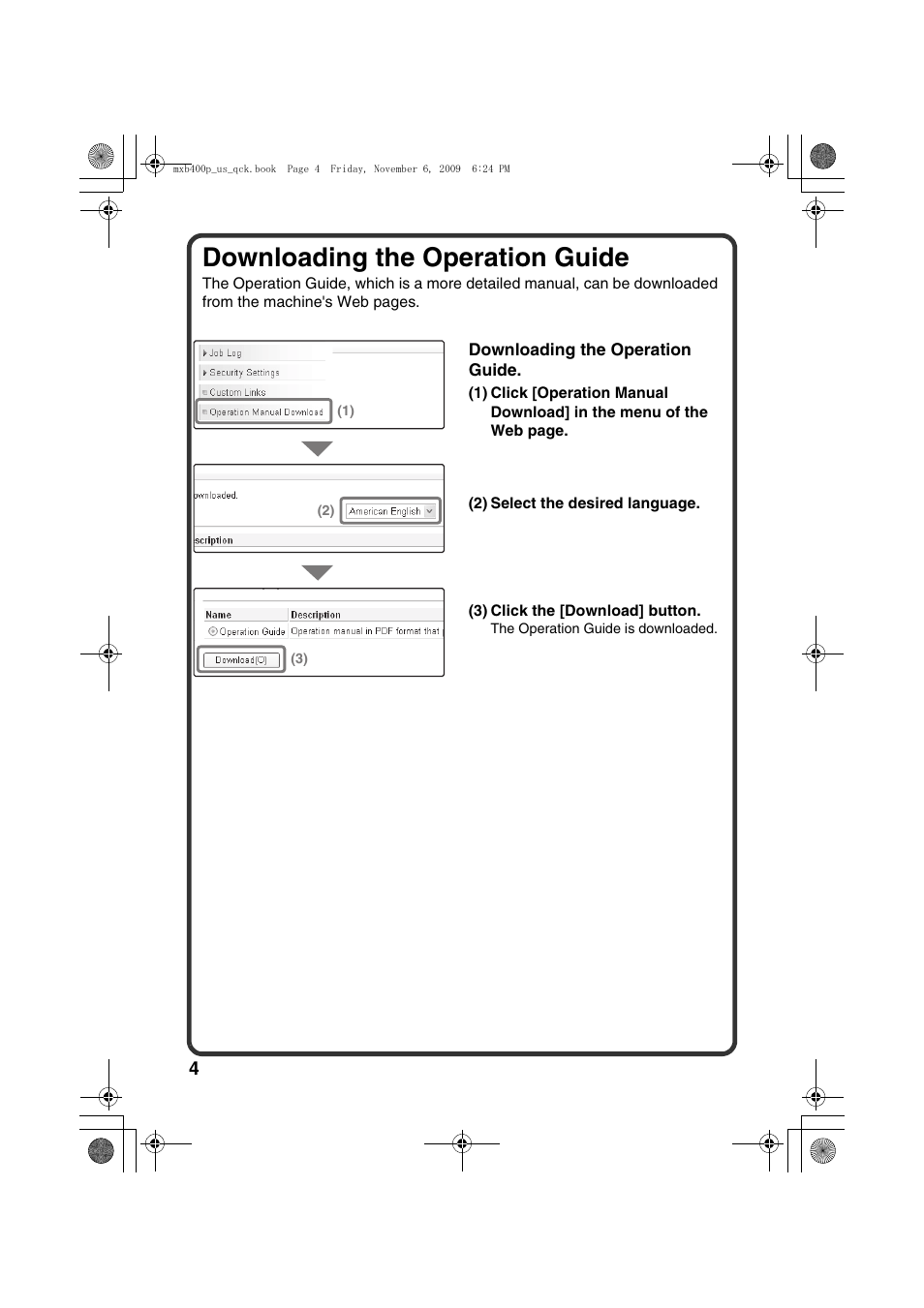 Downloading the operation guide | Sharp MX-B400P User Manual | Page 6 / 52