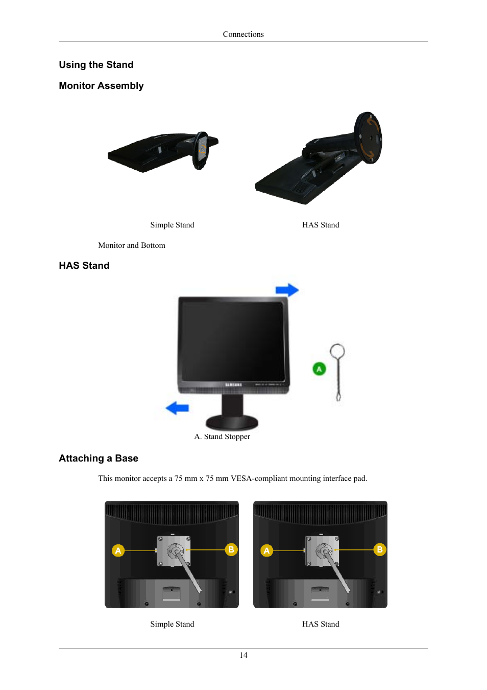 Using the stand, Monitor assembly, Has stand | Attaching a base | Sharp 743BM User Manual | Page 15 / 71