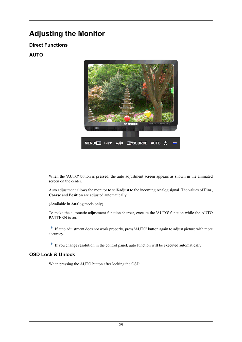 Adjusting the monitor, Direct functions, Auto | Osd lock & unlock | Sharp 743BM User Manual | Page 30 / 71