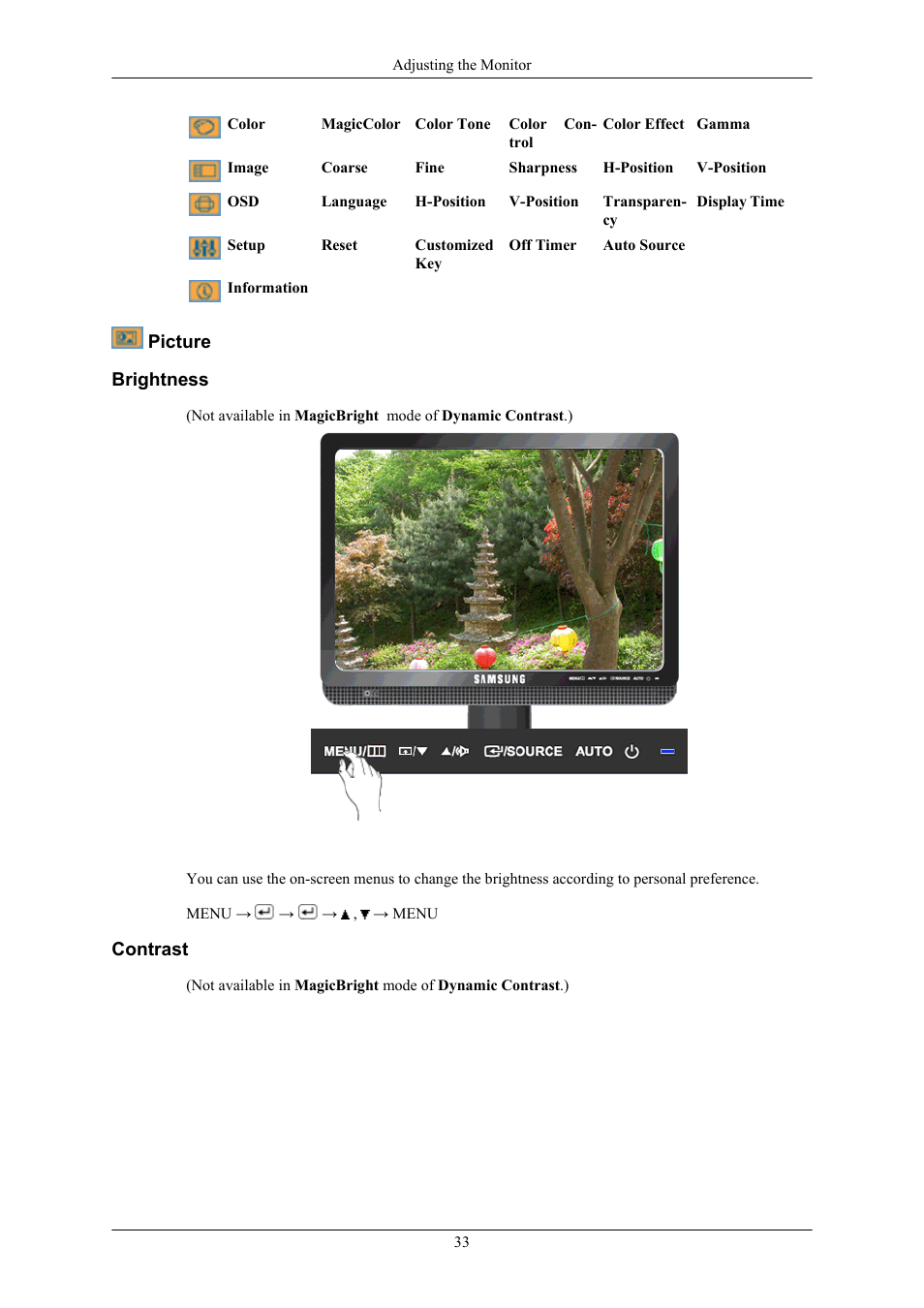 Picture, Brightness, Contrast | Sharp 743BM User Manual | Page 34 / 71