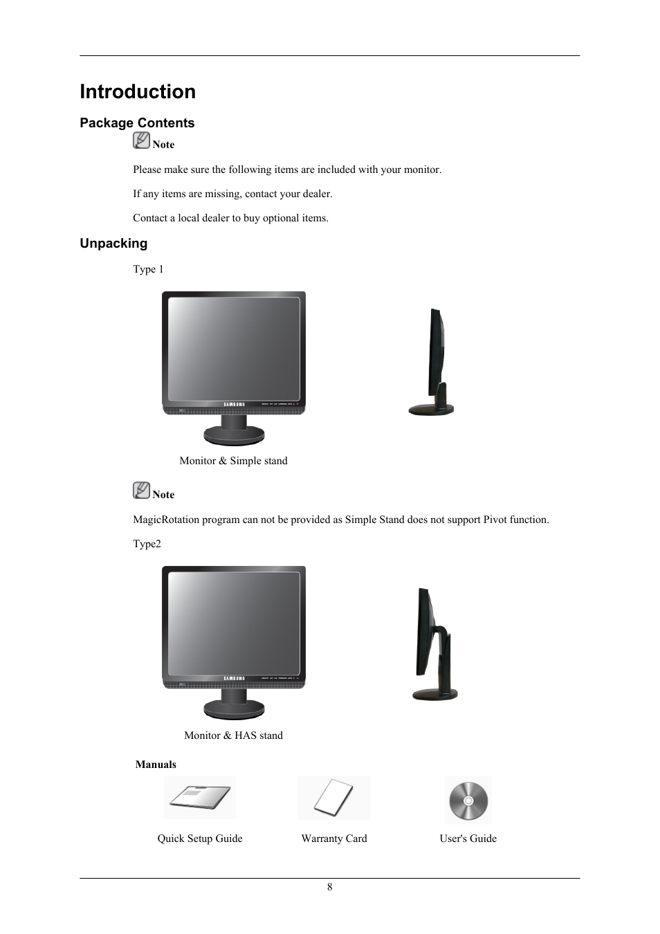 Introduction, Package contents, Unpacking | Your monitor | Sharp 743BM User Manual | Page 9 / 71
