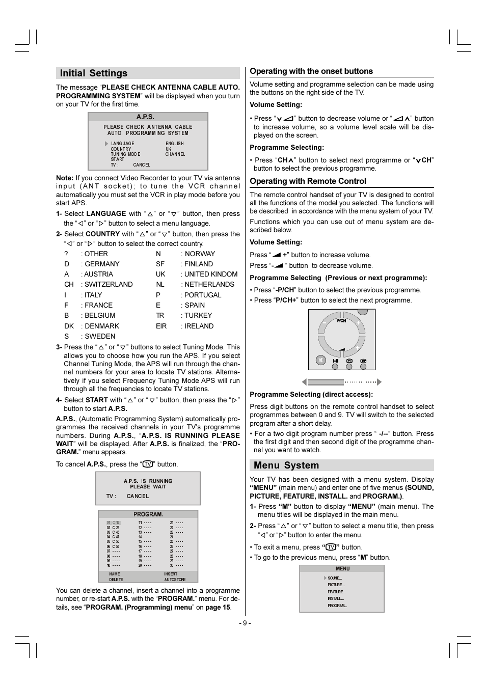 Initial settings, Menu system, Operating with the onset buttons | Operating with remote control | Sharp 28LF-92H User Manual | Page 10 / 29