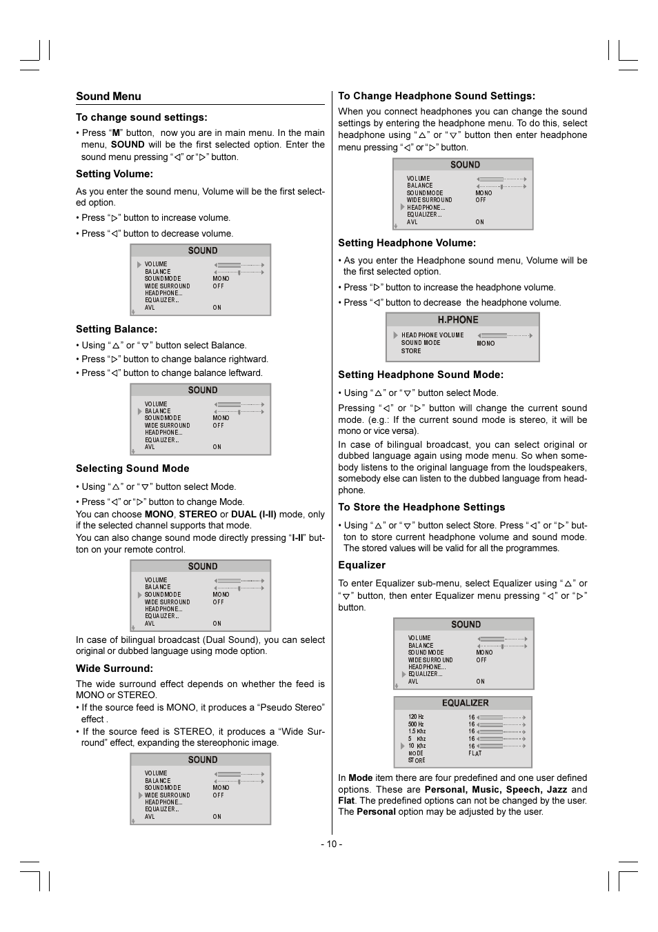 Sound menu | Sharp 28LF-92H User Manual | Page 11 / 29