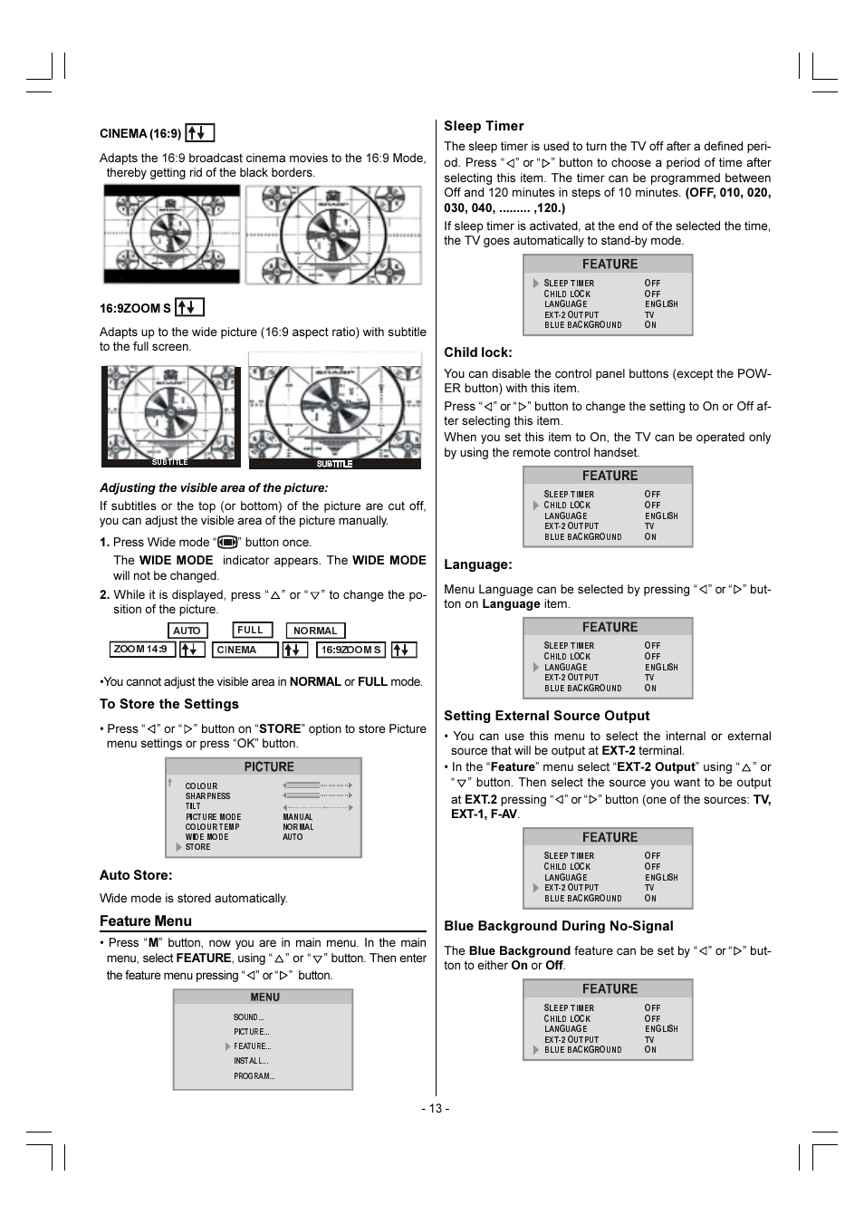 Feature menu | Sharp 28LF-92H User Manual | Page 14 / 29