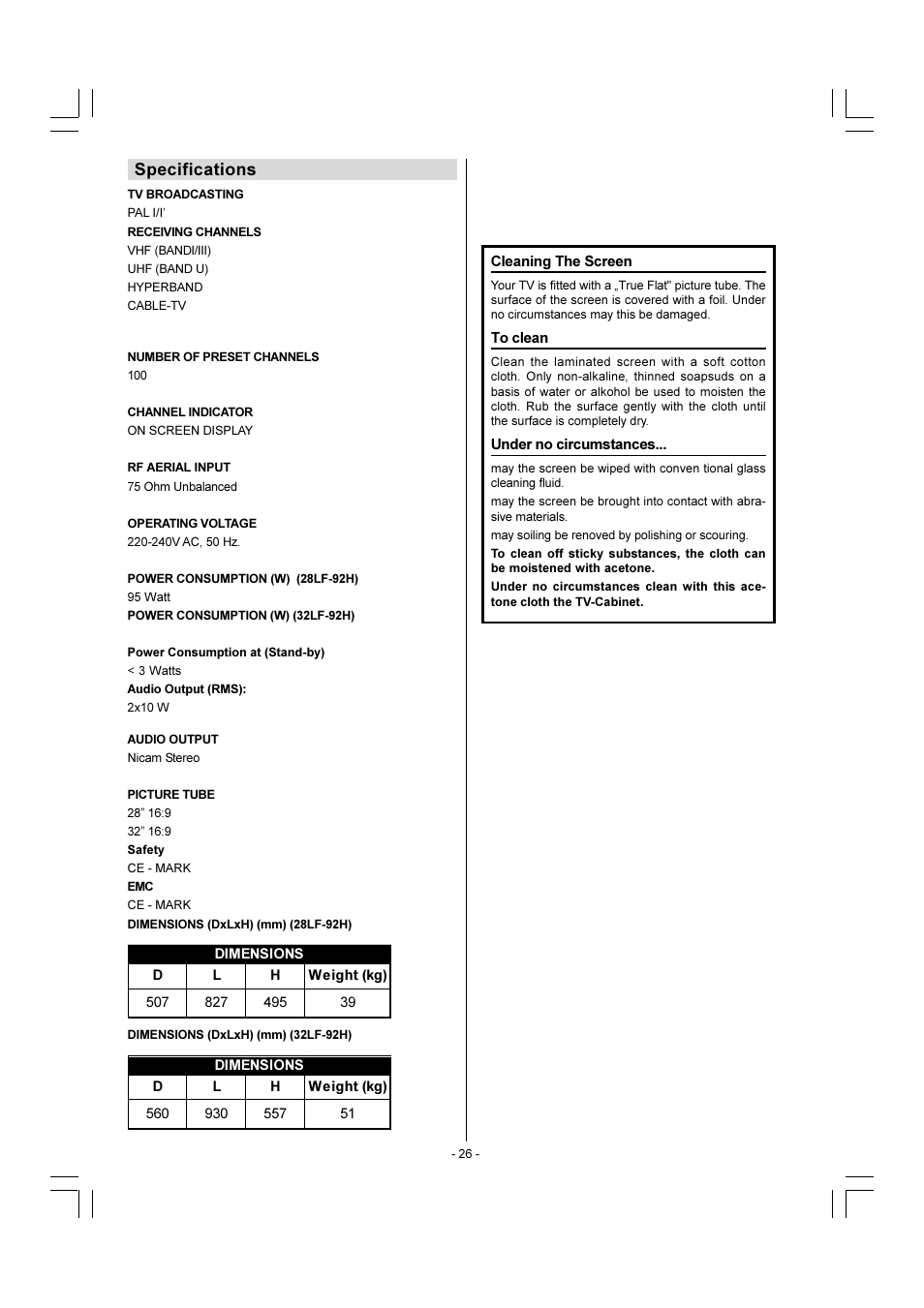 Specifications | Sharp 28LF-92H User Manual | Page 27 / 29