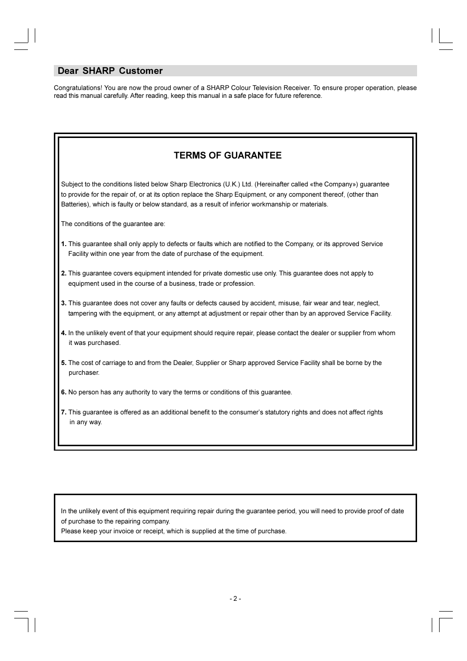 Dear sharp customer, Terms of guarantee | Sharp 28LF-92H User Manual | Page 3 / 29