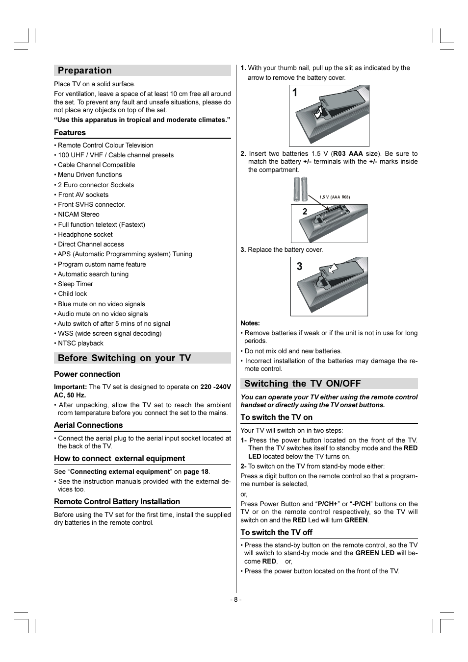 Preparation, Before switching on your tv, Switching the tv on/off | Sharp 28LF-92H User Manual | Page 9 / 29