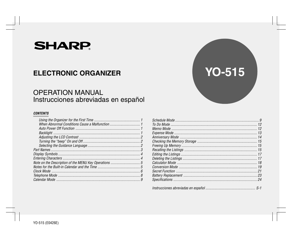 Sharp ELECTRONIC ORGANIZER YO-515 User Manual | 36 pages