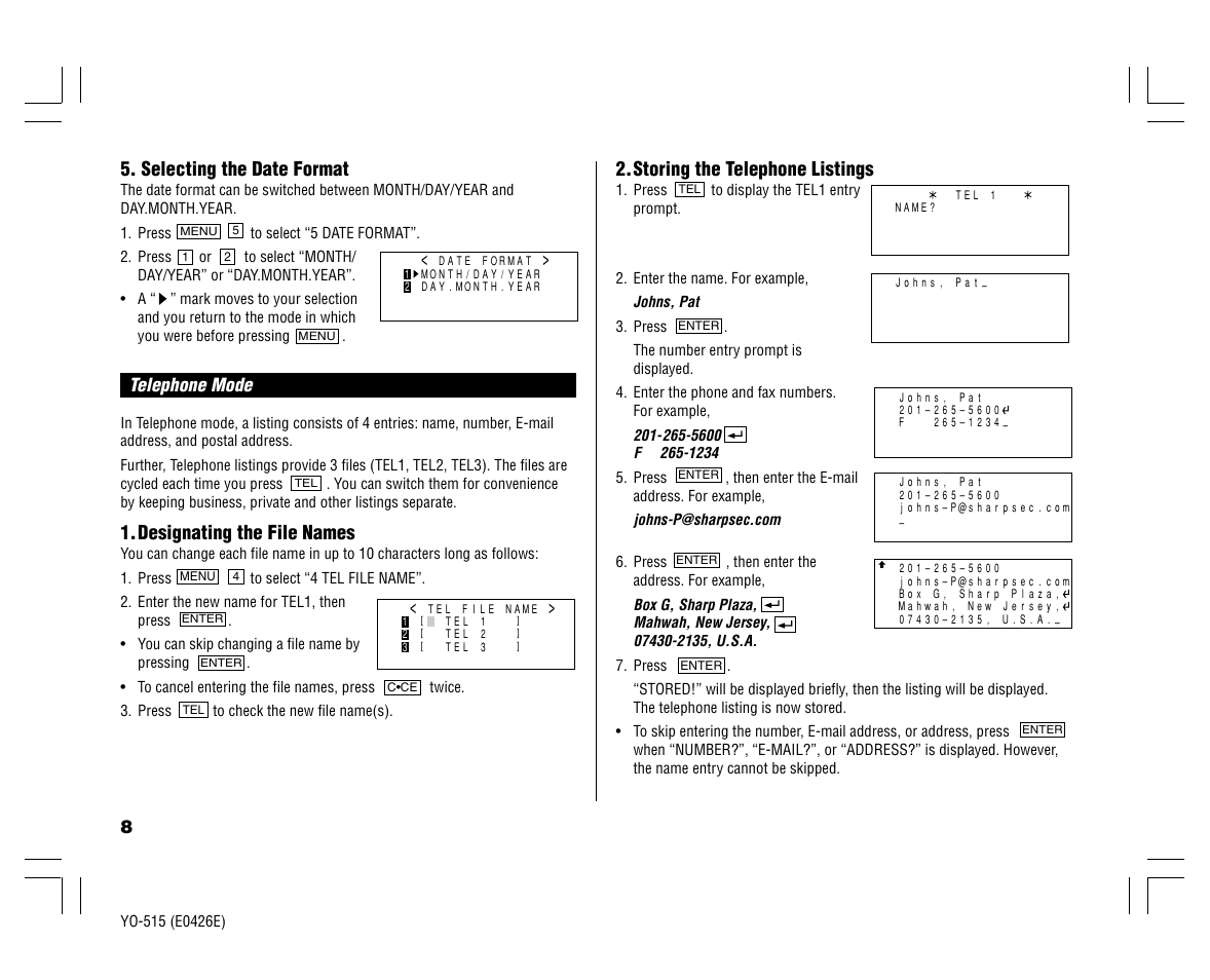 Selecting the date format, Designating the file names, Storing the telephone listings | Sharp ELECTRONIC ORGANIZER YO-515 User Manual | Page 10 / 36