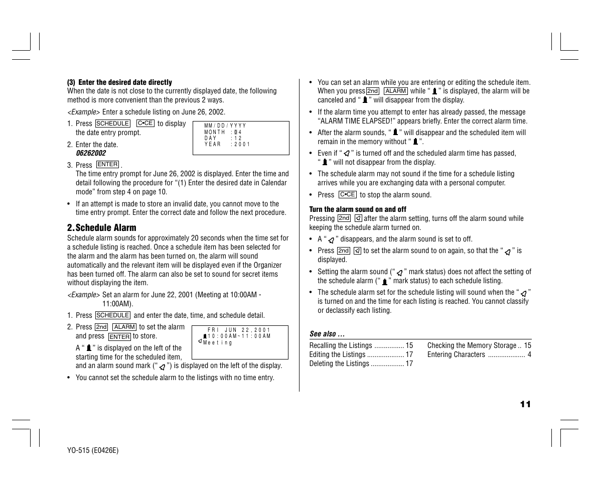 Schedule alarm | Sharp ELECTRONIC ORGANIZER YO-515 User Manual | Page 13 / 36