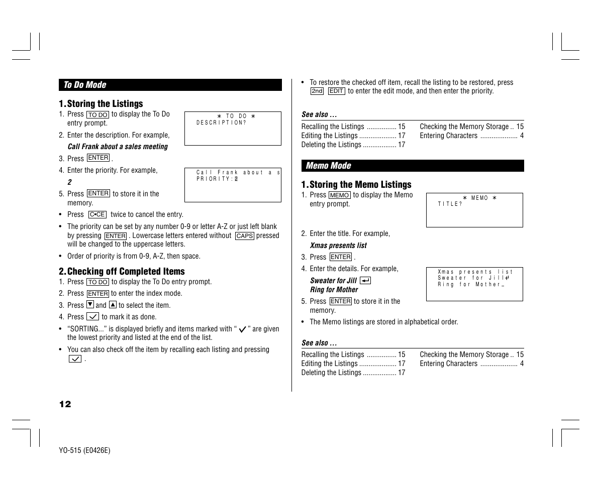 Sharp ELECTRONIC ORGANIZER YO-515 User Manual | Page 14 / 36