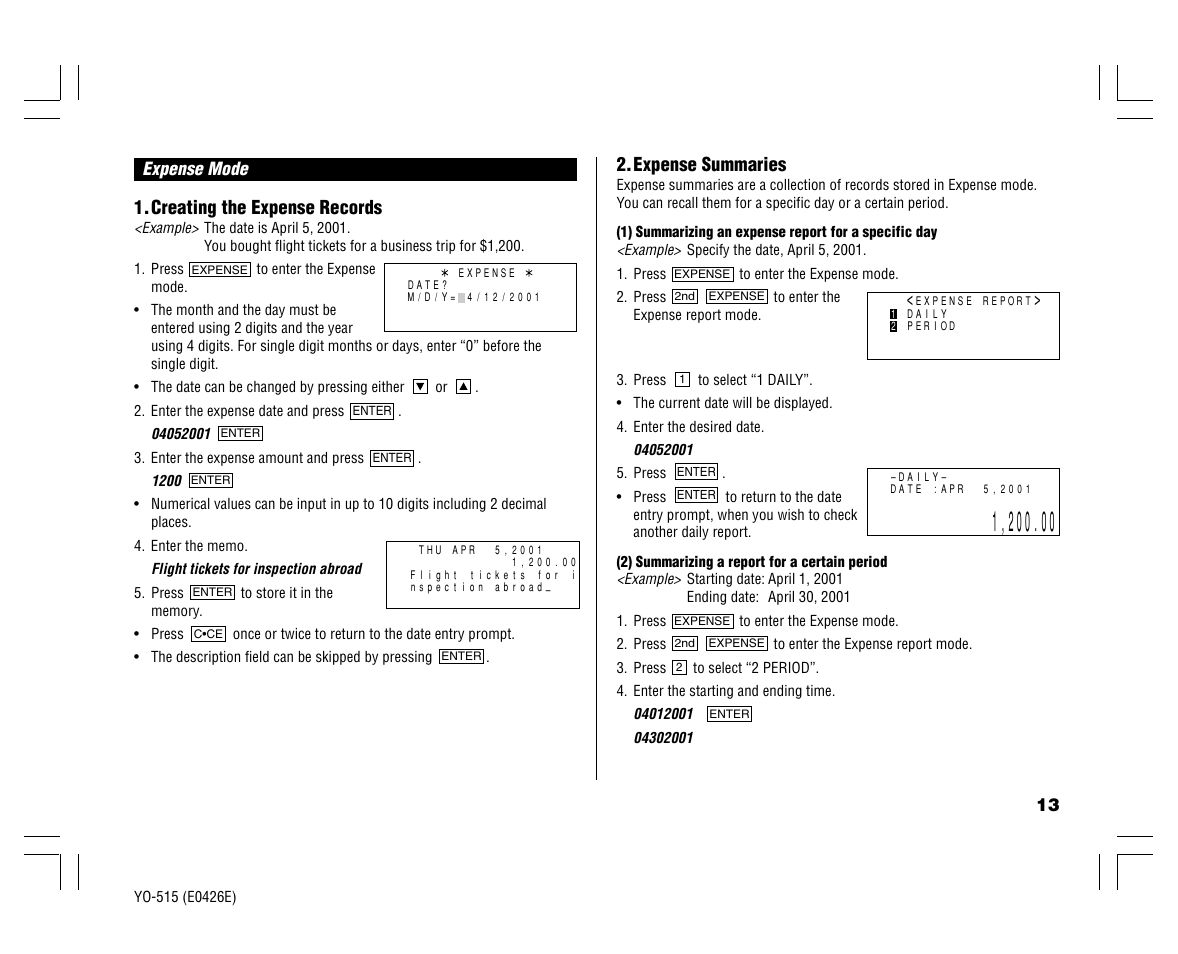 Creating the expense records, Expense summaries | Sharp ELECTRONIC ORGANIZER YO-515 User Manual | Page 15 / 36