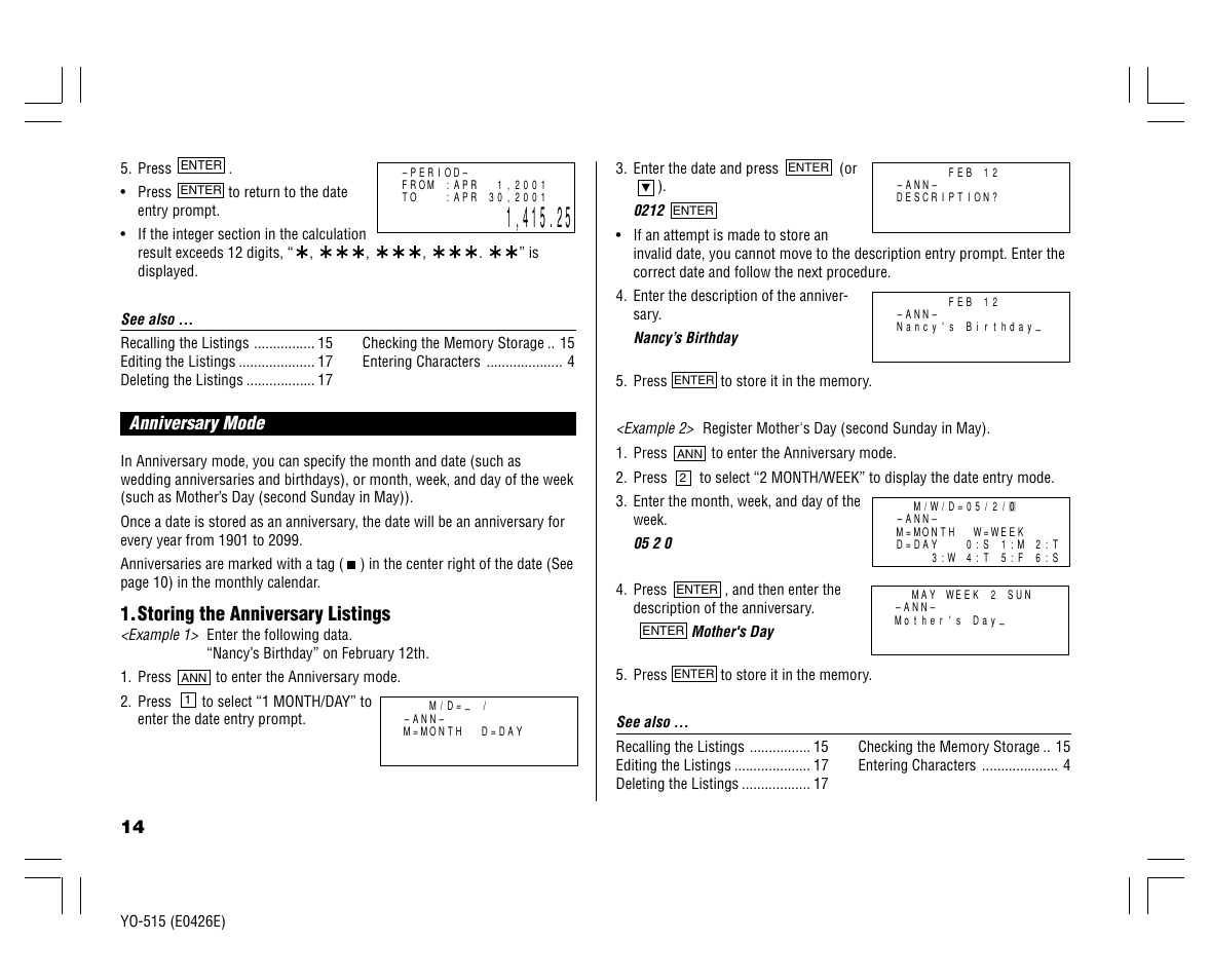 Storing the anniversary listings | Sharp ELECTRONIC ORGANIZER YO-515 User Manual | Page 16 / 36