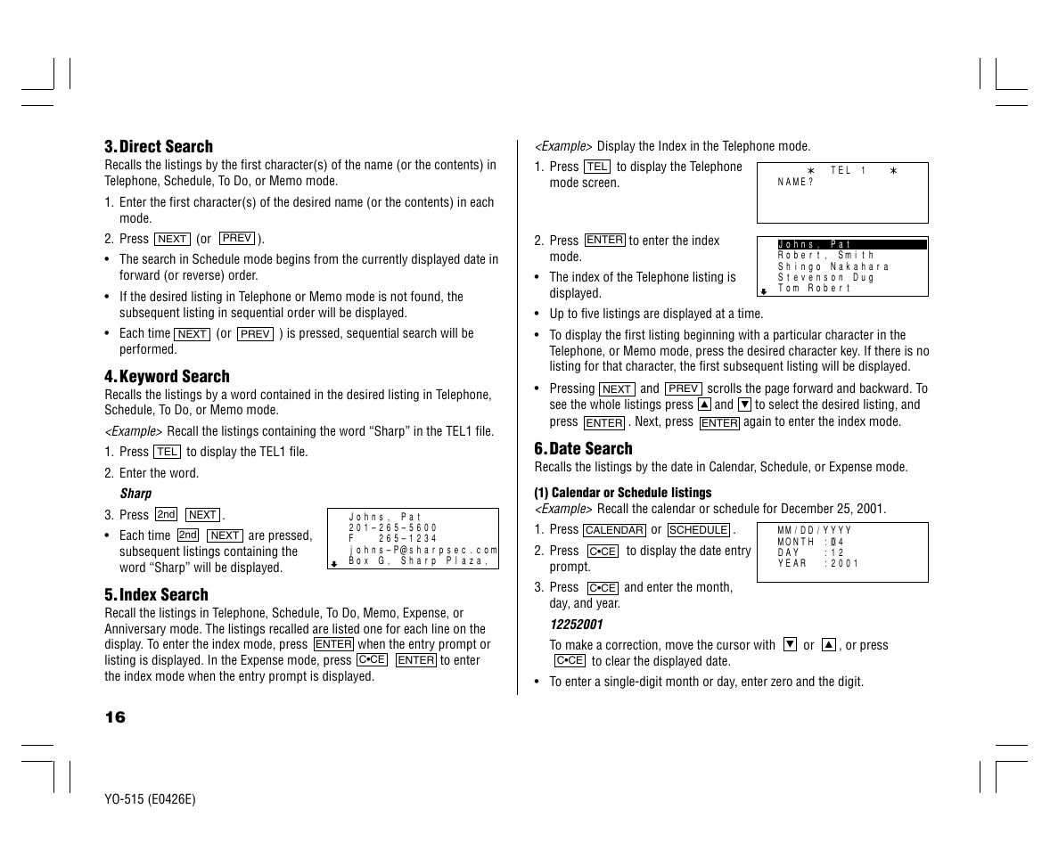 Direct search, Keyword search, Index search | Date search | Sharp ELECTRONIC ORGANIZER YO-515 User Manual | Page 18 / 36