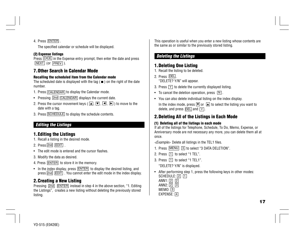 Other search in calendar mode, Editing the listings, Creating a new listing | Deleting one listing, Deleting all of the listings in each mode | Sharp ELECTRONIC ORGANIZER YO-515 User Manual | Page 19 / 36