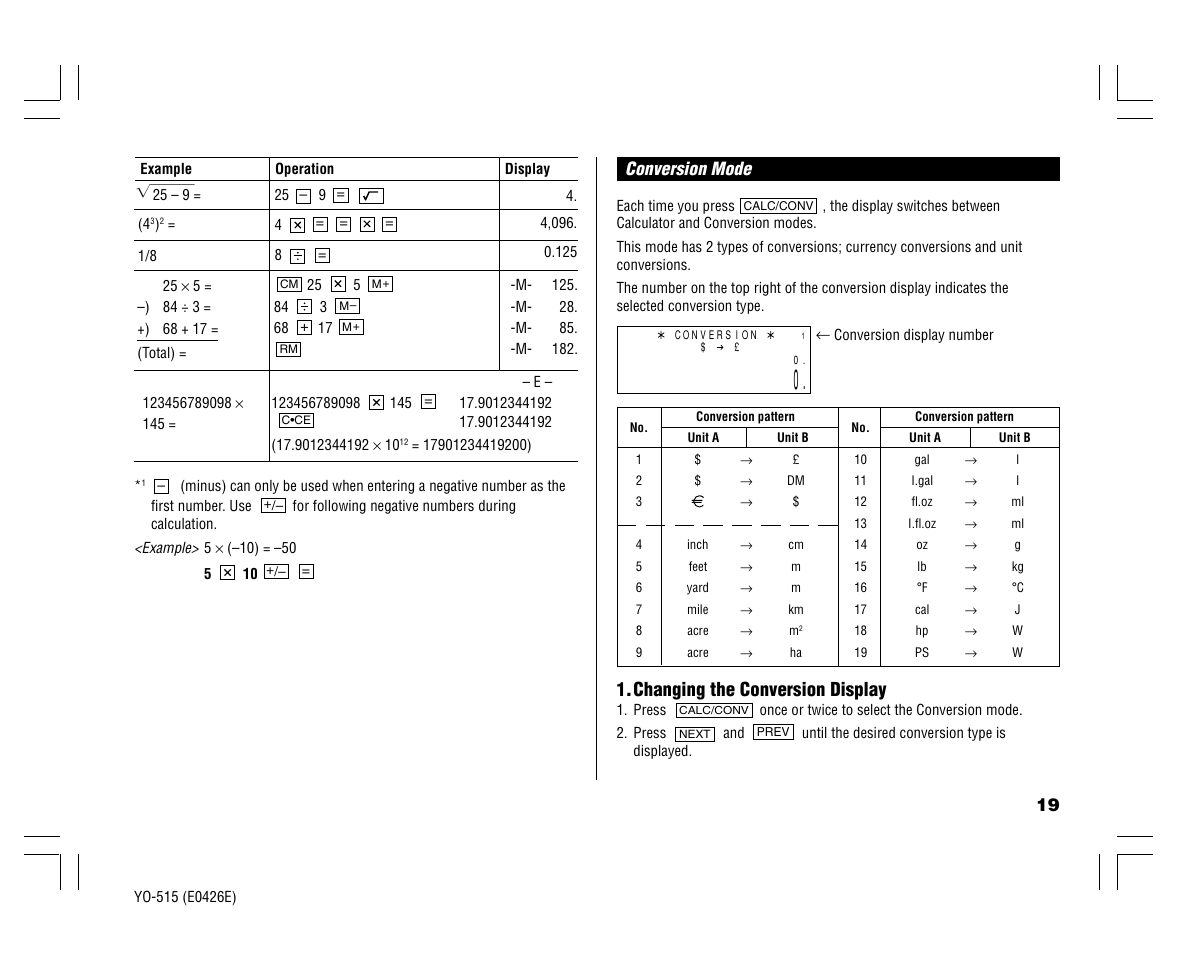 Changing the conversion display | Sharp ELECTRONIC ORGANIZER YO-515 User Manual | Page 21 / 36