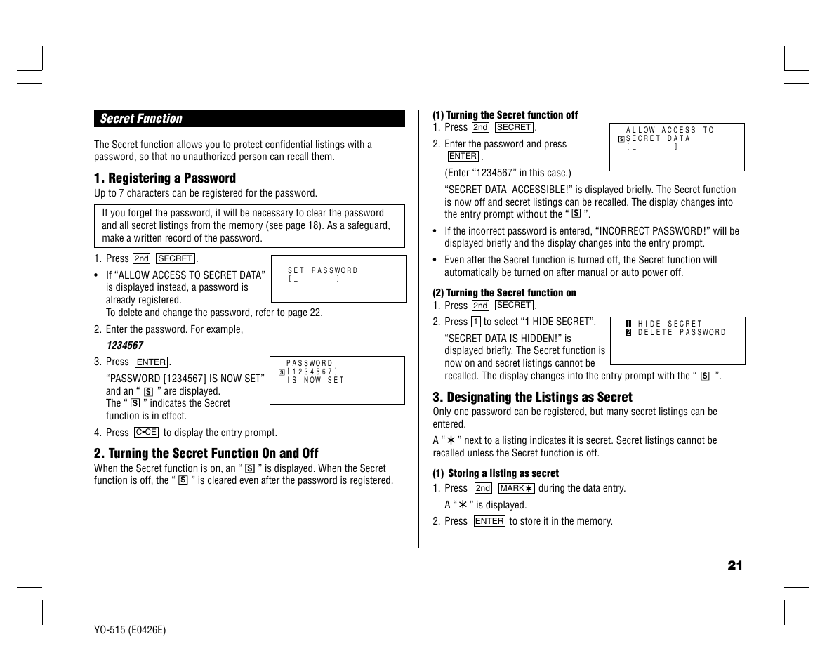 Registering a password, Turning the secret function on and off, Designating the listings as secret | Sharp ELECTRONIC ORGANIZER YO-515 User Manual | Page 23 / 36