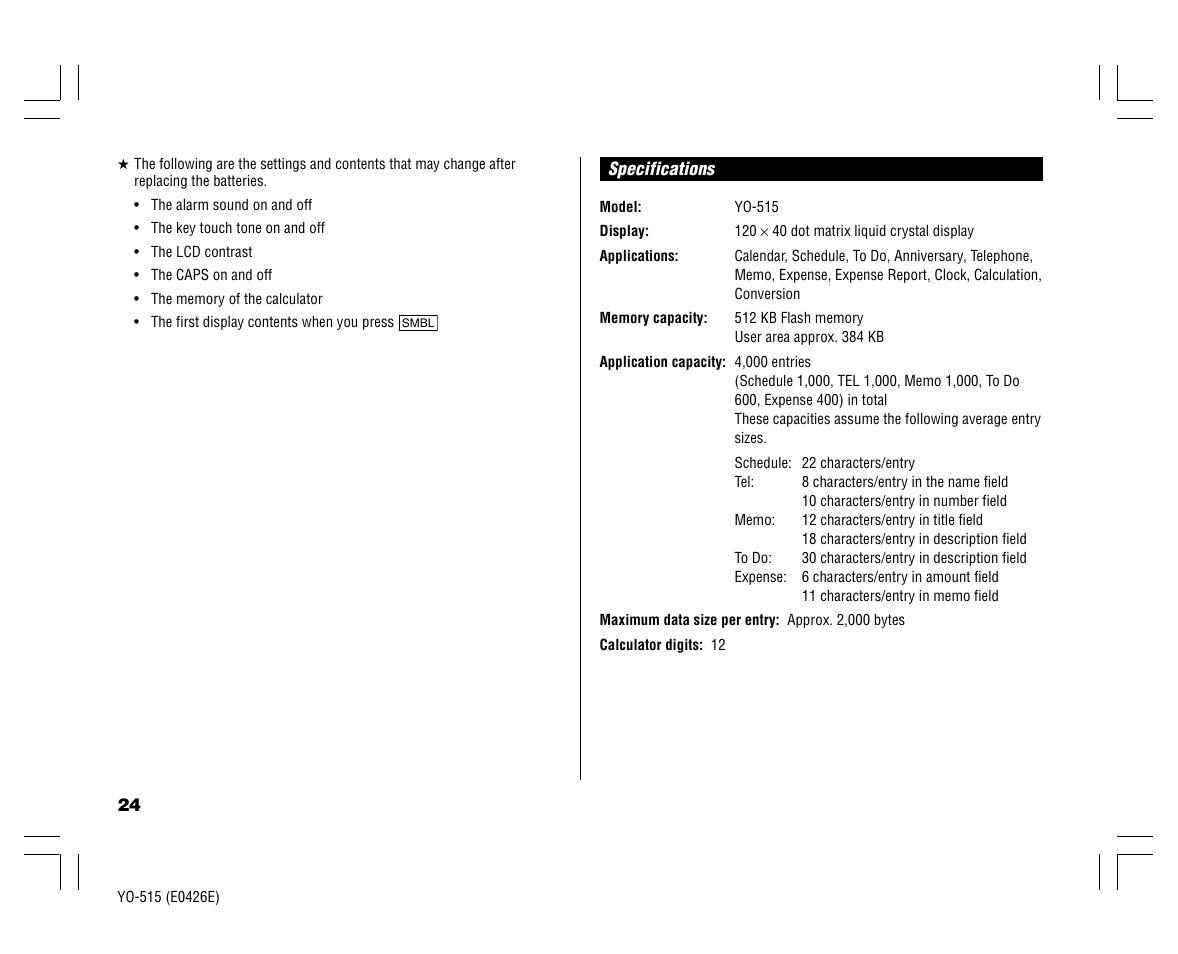 Sharp ELECTRONIC ORGANIZER YO-515 User Manual | Page 26 / 36