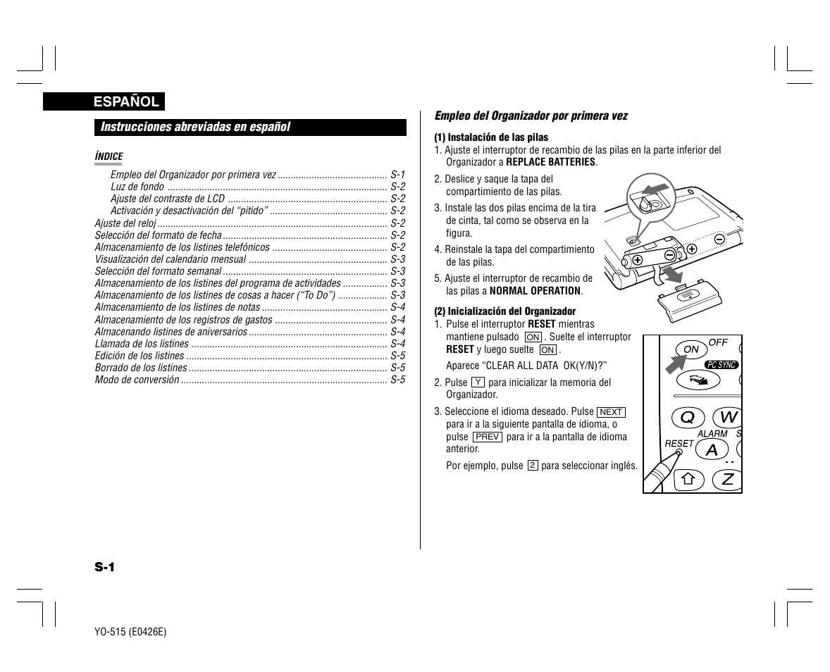 Español | Sharp ELECTRONIC ORGANIZER YO-515 User Manual | Page 28 / 36