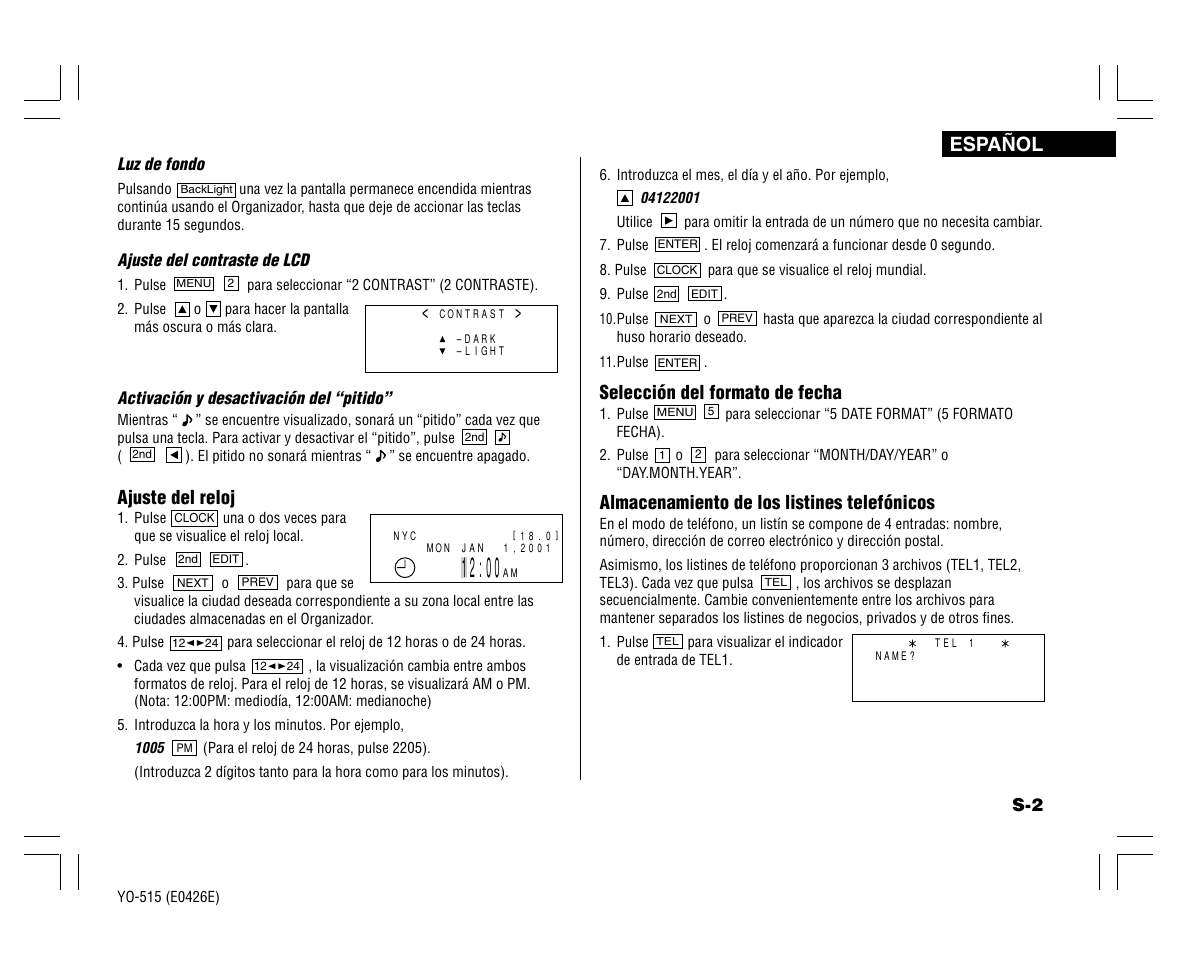 Español, Ajuste del reloj, Selección del formato de fecha | Almacenamiento de los listines telefónicos | Sharp ELECTRONIC ORGANIZER YO-515 User Manual | Page 29 / 36