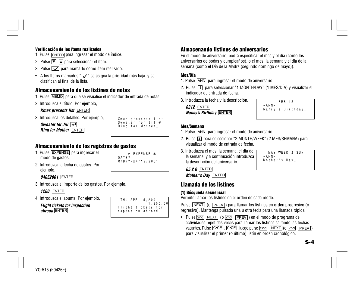 Almacenamiento de los listines de notas, Almacenamiento de los registros de gastos, Almacenando listines de aniversarios | Llamada de los listines | Sharp ELECTRONIC ORGANIZER YO-515 User Manual | Page 31 / 36