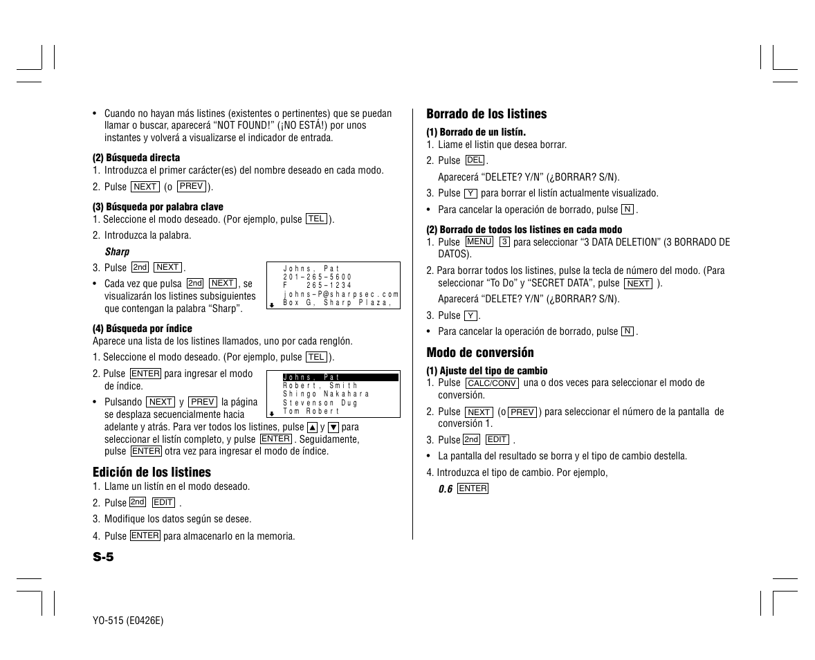 Edición de los listines, Borrado de los listines, Modo de conversión | Sharp ELECTRONIC ORGANIZER YO-515 User Manual | Page 32 / 36