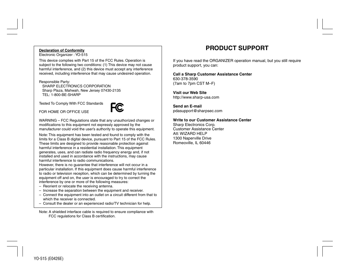 Product support | Sharp ELECTRONIC ORGANIZER YO-515 User Manual | Page 34 / 36