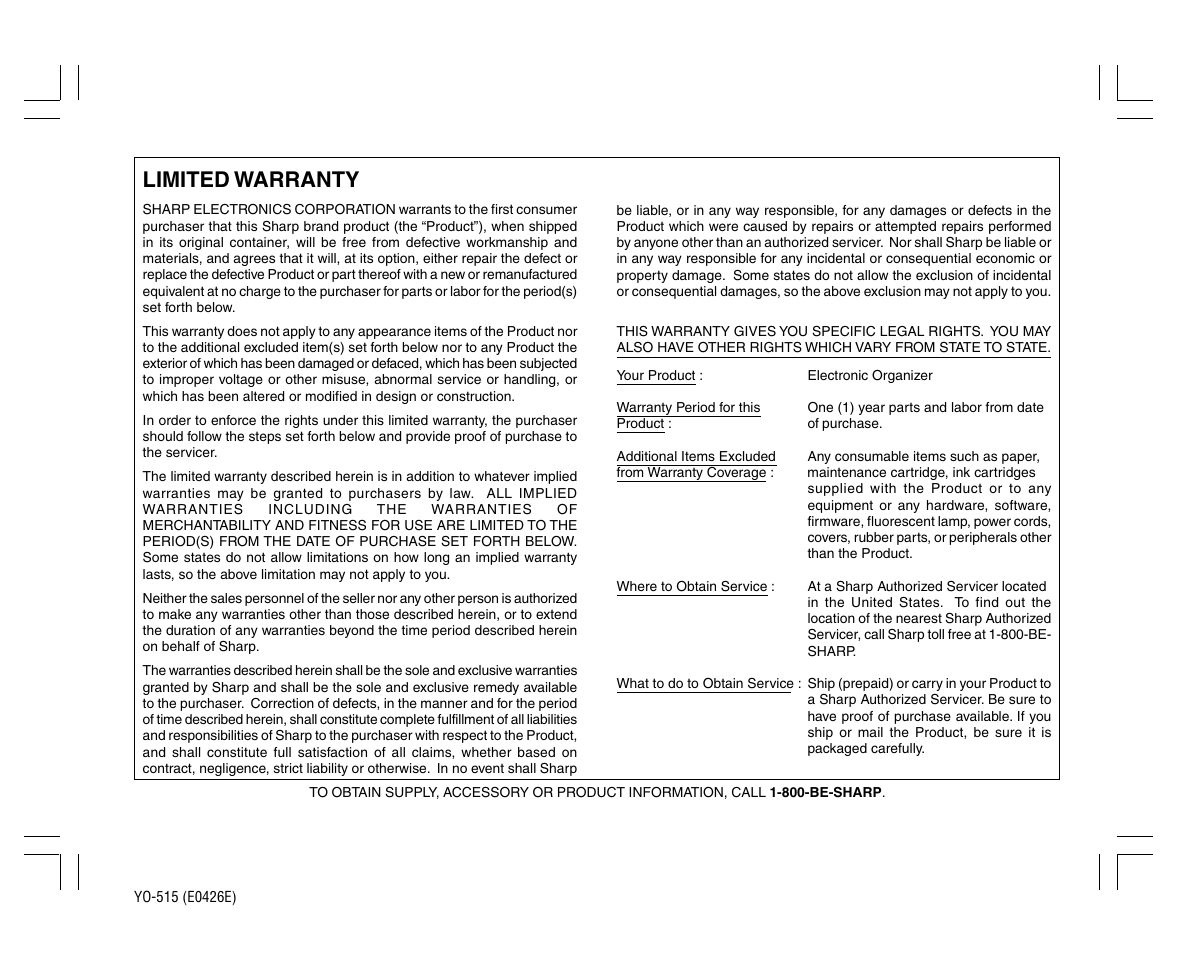 Limited warranty | Sharp ELECTRONIC ORGANIZER YO-515 User Manual | Page 35 / 36