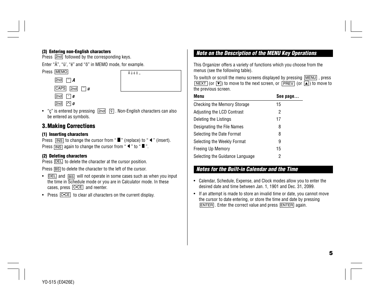 Making corrections | Sharp ELECTRONIC ORGANIZER YO-515 User Manual | Page 7 / 36